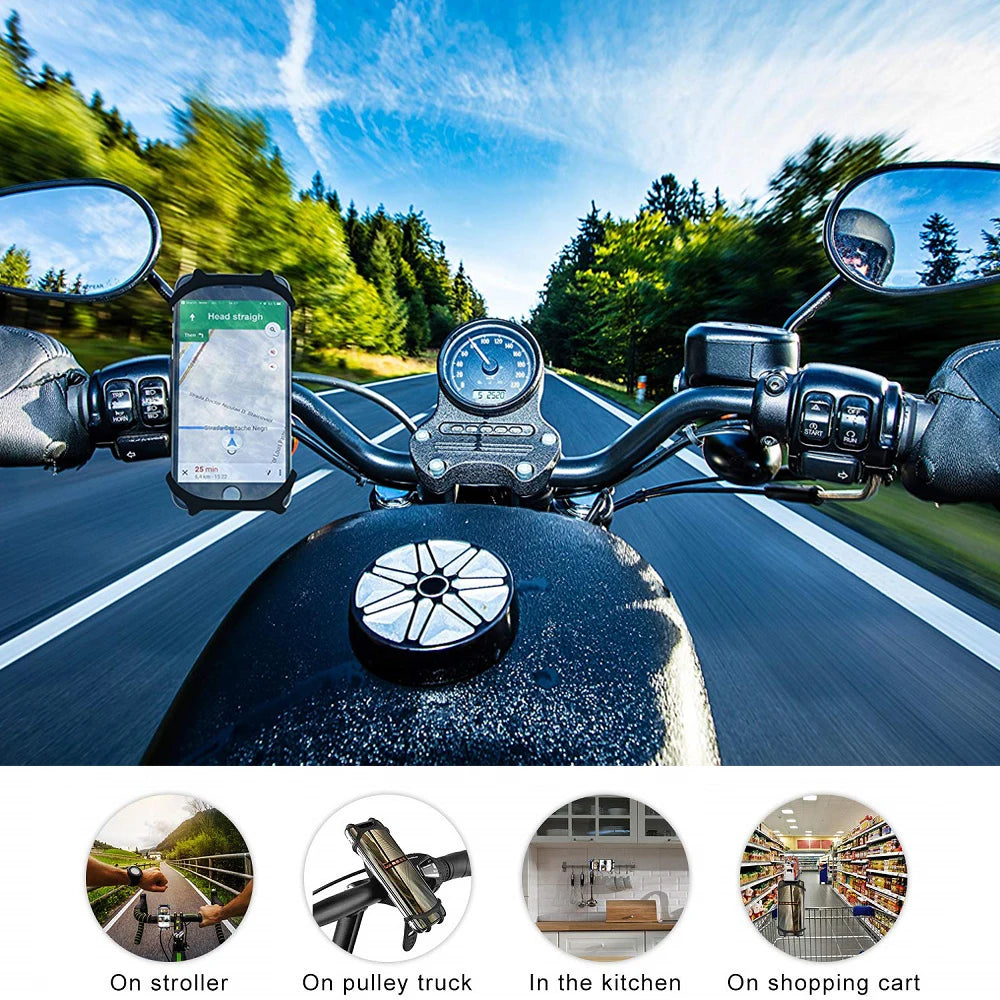 Soporte universal de silicona para celular, ideal para motos y bicicletas. Ajuste seguro al manillar y compatible con iPhone, Xiaomi y todos los smartphones. ¡Resistente, flexible y perfecto para tus recorridos!
