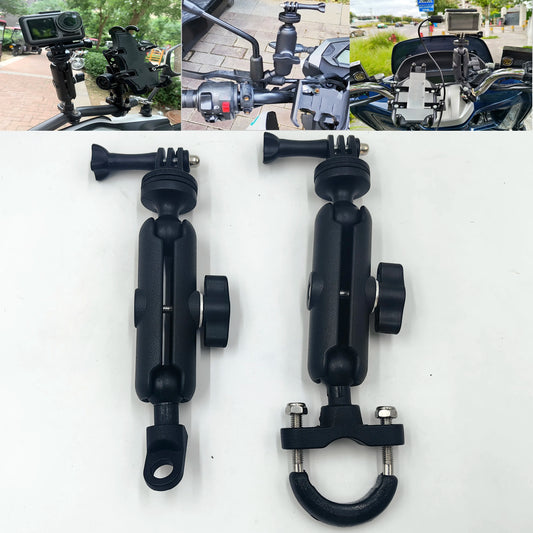 Soporte resistente para GoPro, Insta360 o DJI Action. Compatible con manubrio o retrovisor de motos y bicicletas. Ideal para grabaciones deportivas, viajes y contenido extremo.