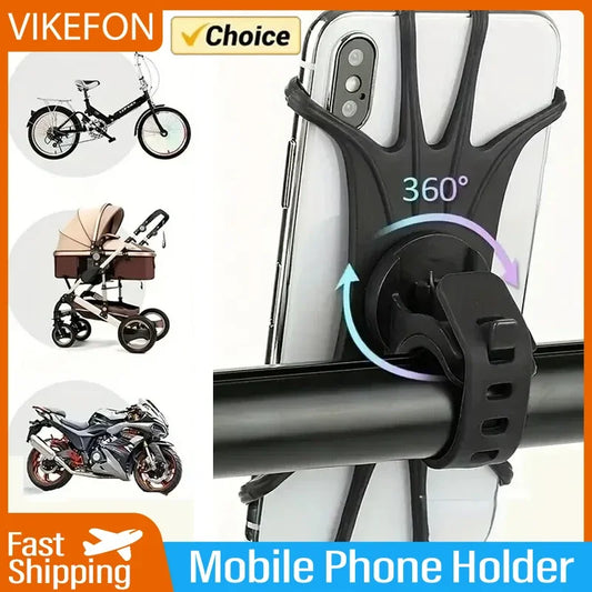 Soporte giratorio 360° para celular VIKEFON compatible con todas las motos y bicicletas. Diseño universal, seguro y resistente, ideal para cualquier smartphone.