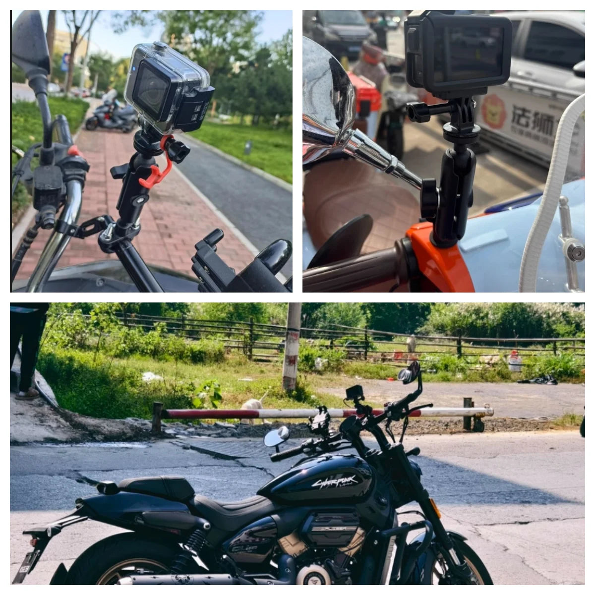 Soporte resistente para GoPro, Insta360 o DJI Action. Compatible con manubrio o retrovisor de motos y bicicletas. Ideal para grabaciones deportivas, viajes y contenido extremo.